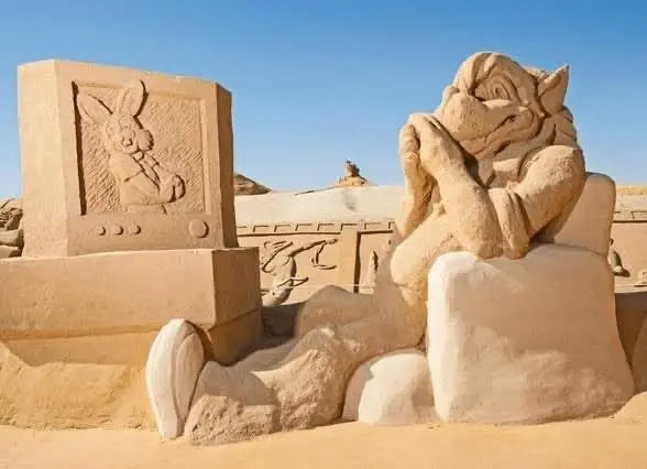 Sand sculpture of a cartoon character at Sand City Museum, showcasing Disney figures in an open-air setting dedicated to mythical and animated art.