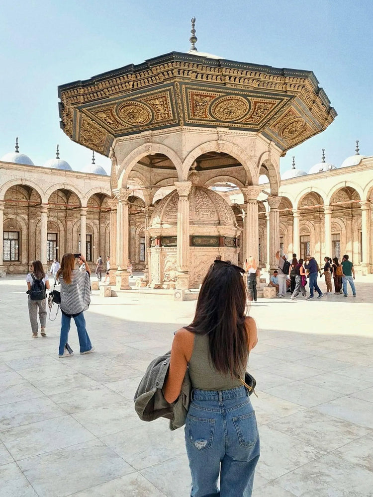 You can see the back of a lady looking at a monument.