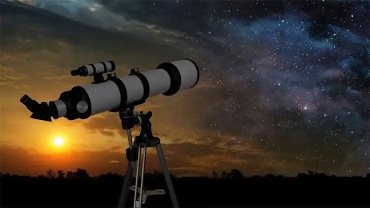 Telescope on a tripod against a sunset sky, highlighting the jeep safari with stargazing experience for stargazing and desert exploration in El Gouna.