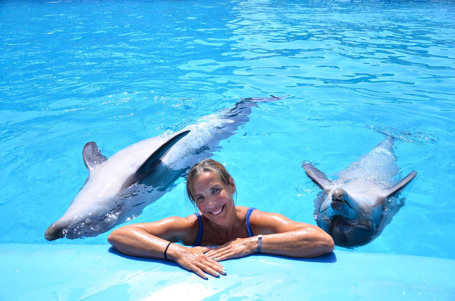You see a lady in the pool with 2 dolphins swimming on her left and right back next to her