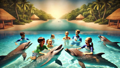Children swimming with dolphins in a pool, capturing the essence of the swimming with dolphins - 10 minutes adventure experience.