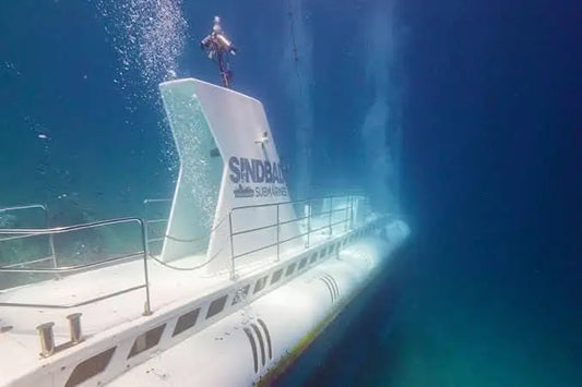 Sindbad Submarine Tour: Submarine underwater with a passenger, showcasing an immersive Red Sea adventure, observing vibrant coral and marine life.