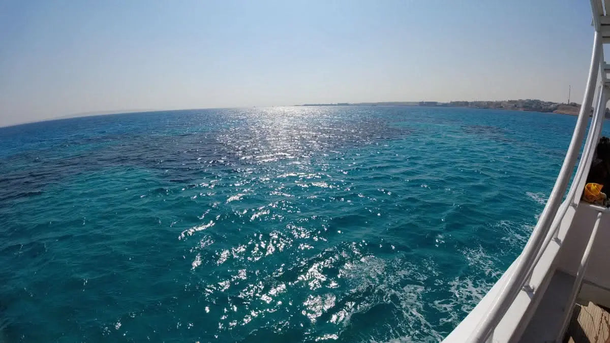 Dolphin House adventure: a boat on the Red Sea with people, offering a snorkeling tour to swim with dolphins in their natural habitat.