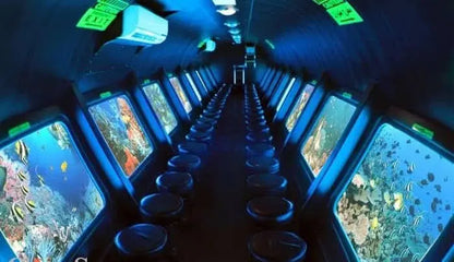 Sindbad Submarine Tour: Interior view showcasing seating arrangement, enhancing the comfort of this unique underwater adventure exploring the vibrant marine life of the Red Sea.
