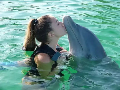 Woman gently kissing a dolphin in water, showcasing the swimming with dolphins - 10 minutes experience, highlighting close interaction and unforgettable moments with marine mammals.