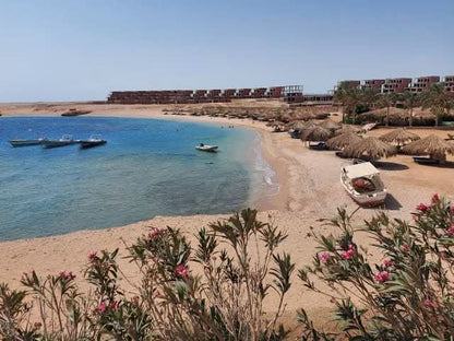 Day-long snorkeling trip to Mahmya Island with lunch, featuring a scenic beach with boats, straw umbrellas, and a vibrant underwater Red Sea experience.